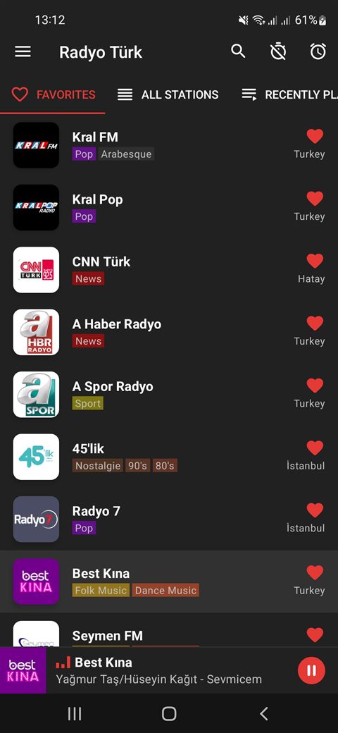 Favourites list with Turkish radio stations